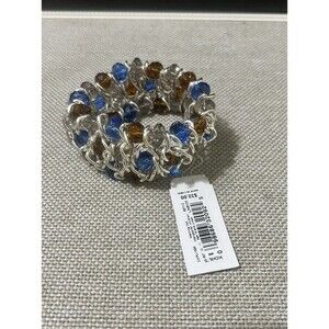 Dana Buchman Blue And Brown Beaded Silvertone Stretch Bracelet Chunky Boho Gift